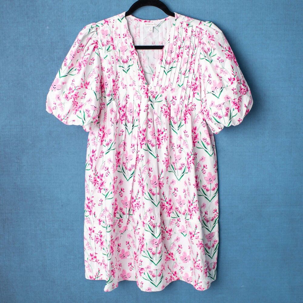 Crown & Ivy Women’s Small Pink Floral Cotton Puff Sleeve Babydoll Tiered Dress